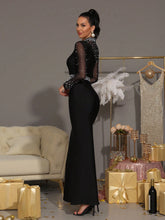 Modphy New Sexy Pearl Decor Fishnet Panel Long Sleeve Bodycon Long Bandage Dress, Elegant Party Formal Evening Gown For Women